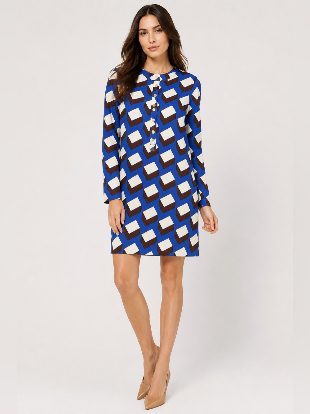 Diane von Furstenberg DVF Emsley Silk Shift Dress Blue Geometric Print Size 6